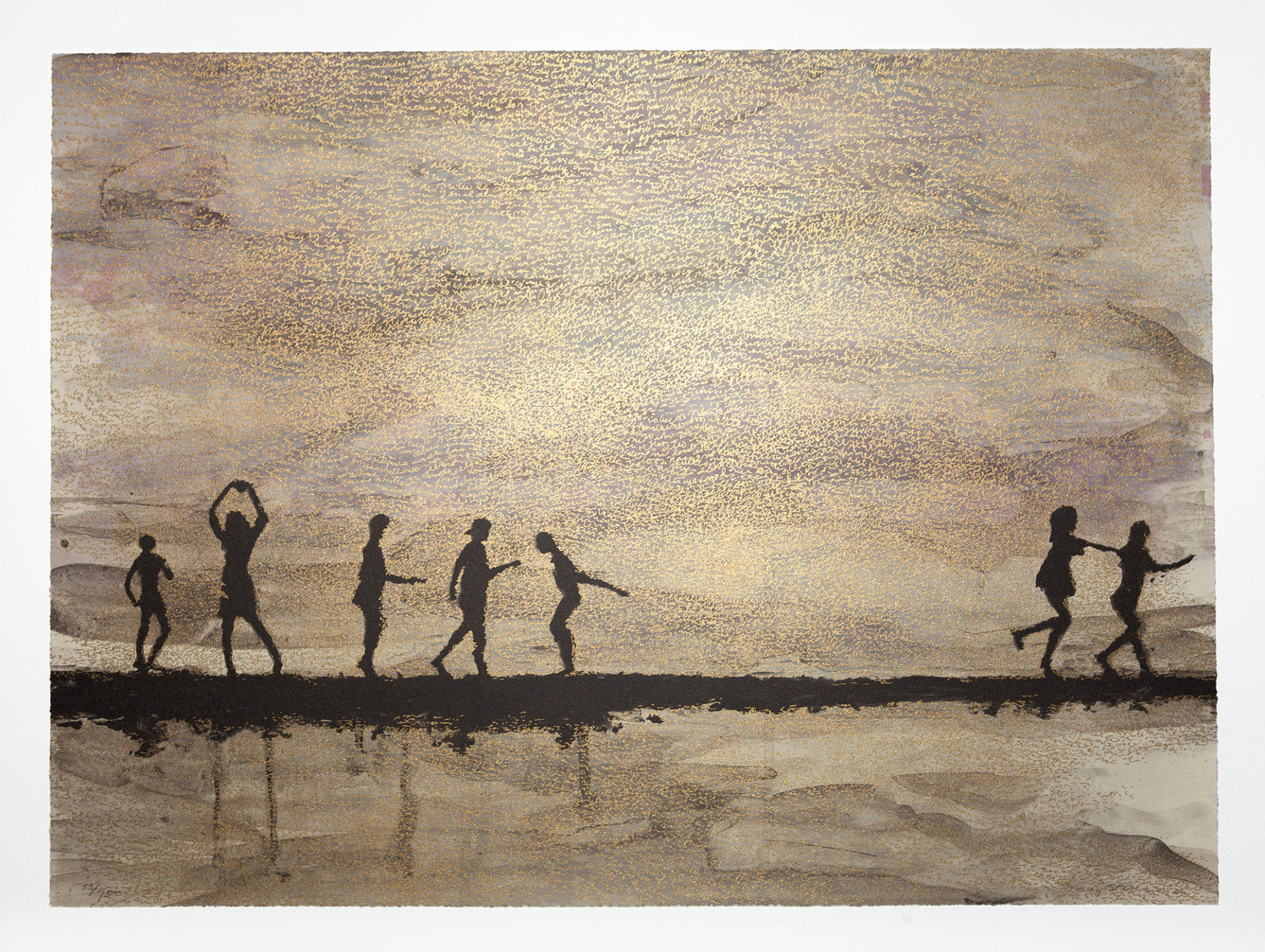 Skylight by May Stevens, a lithograph image of the silhouettes of women dancing and running along a shoreline. The water below them reflects the sky above.