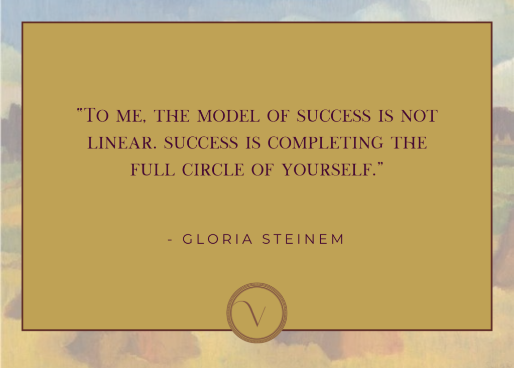 A quote from Gloria Steinem that reads: To me, the model of success is not linear. Success is completing the full circle of yourself.