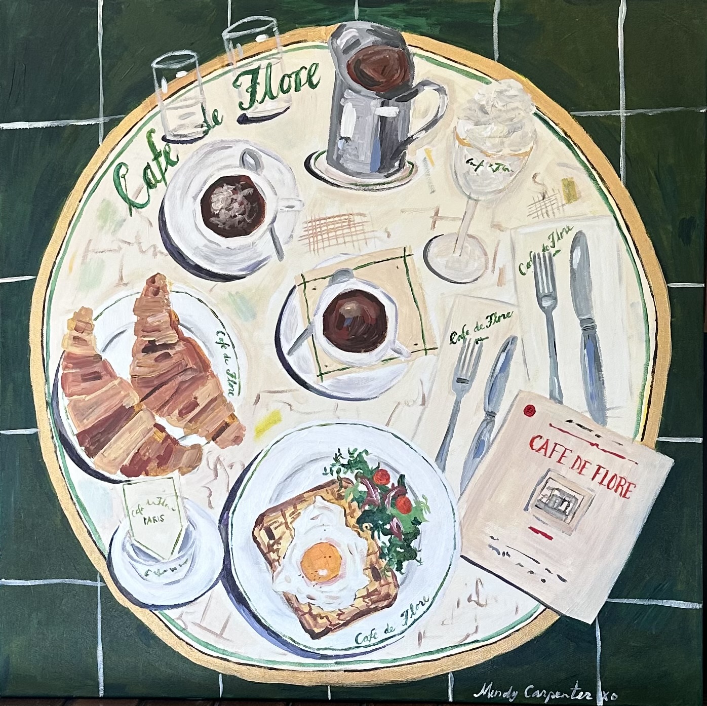 A whimsical painting of a bird's eye view of a round cafe table. Two cups of coffee, two croissants, two sets of silverware, a carafe, and a breakfast plate adorn the table, along with a napkin that reads Cafe de Flore.