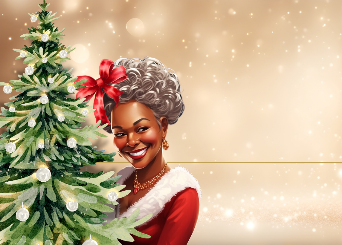 A Christmas tree sits on the left of the image, and Mrs. Claus stands partially behind it. She's looking to the right with a big grin.