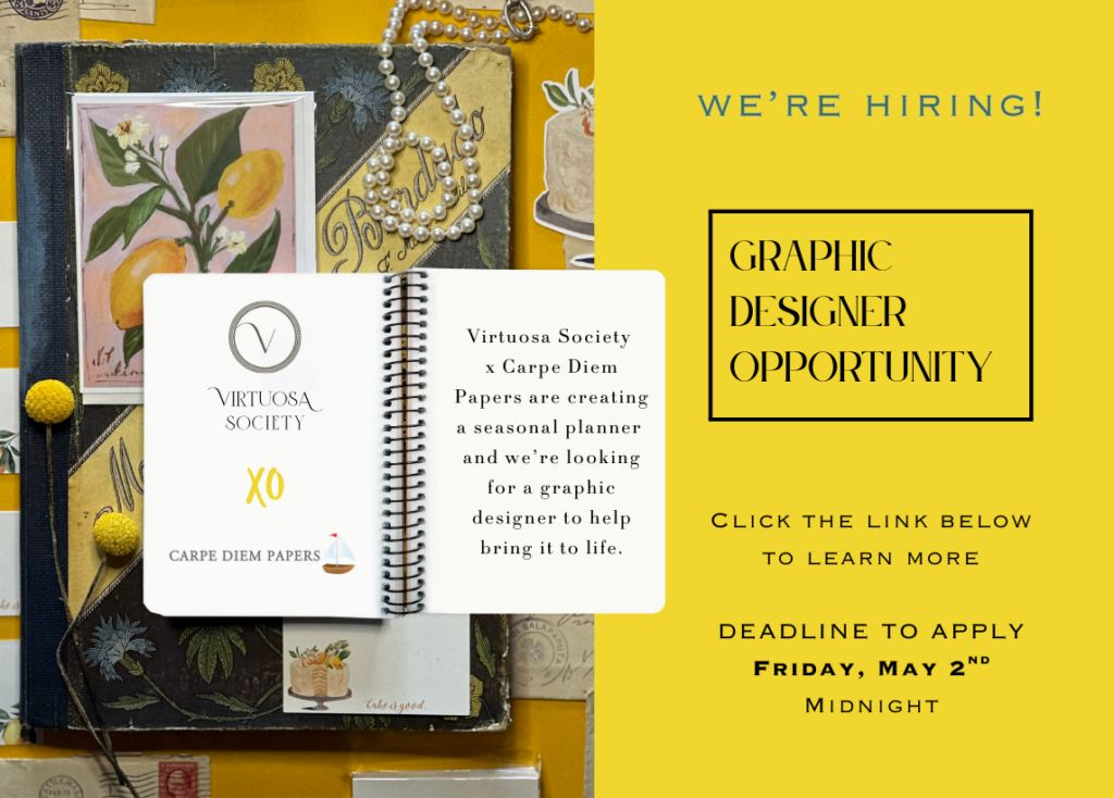 An informative image featuring artwork by Mindy Carpenter in the background. We are hiring a graphic designer for our seasonal planner project! Click the button below to learn more and apply.