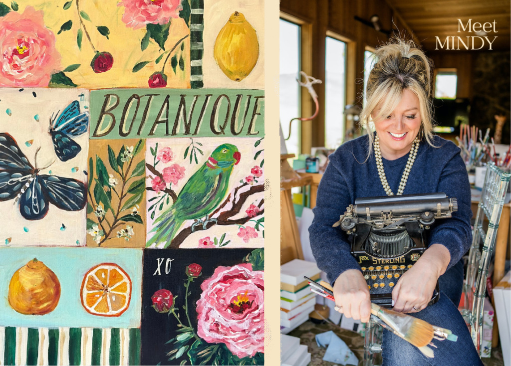 A photo of Mindy Carpenter is on the right. She is smiling down at her handful of paint brushes as she holds a vintage typewriter. The right side of the image is a collage of her art, including flowers, butterflies, greenery, a bird, and still life.