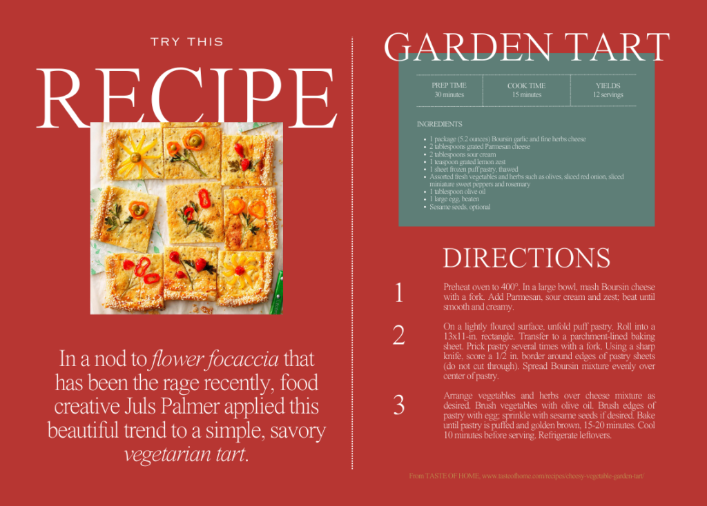 Graphic contains ingredients and steps to make a garden tart. Click above for the link to the recipe.