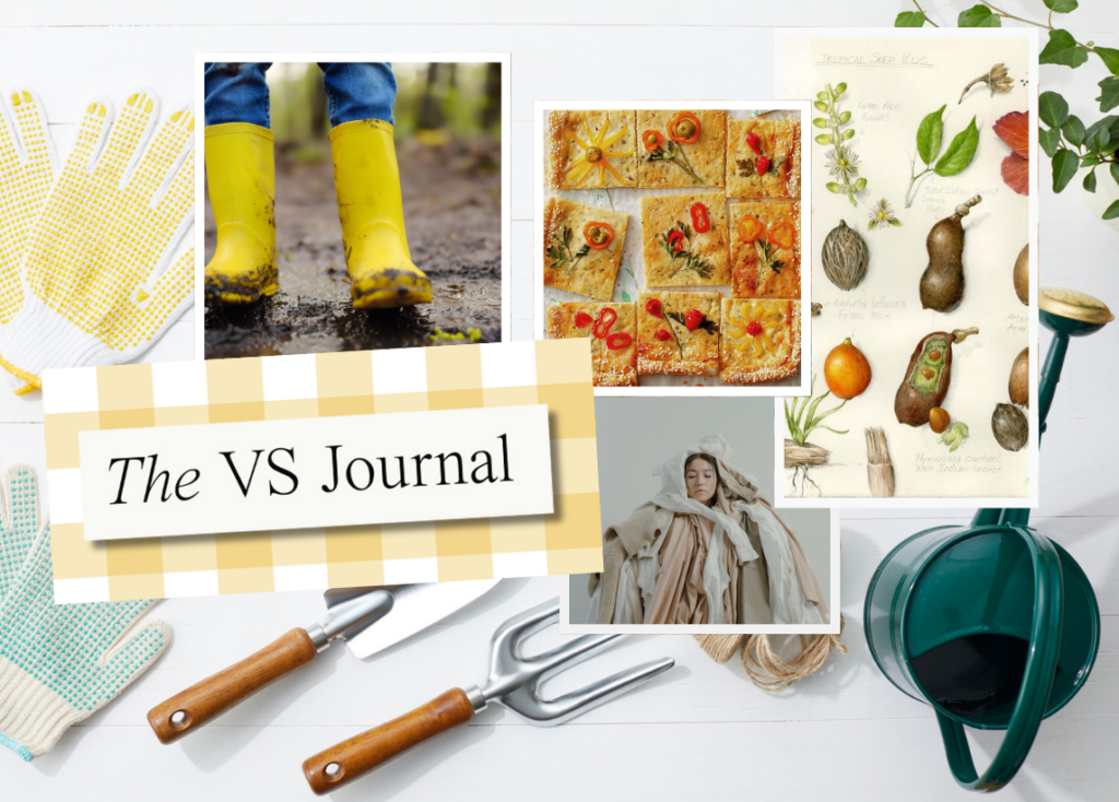 Text reads "The VS Journal" and various images from previous blog posts are in a collage over a background of gardening tools.