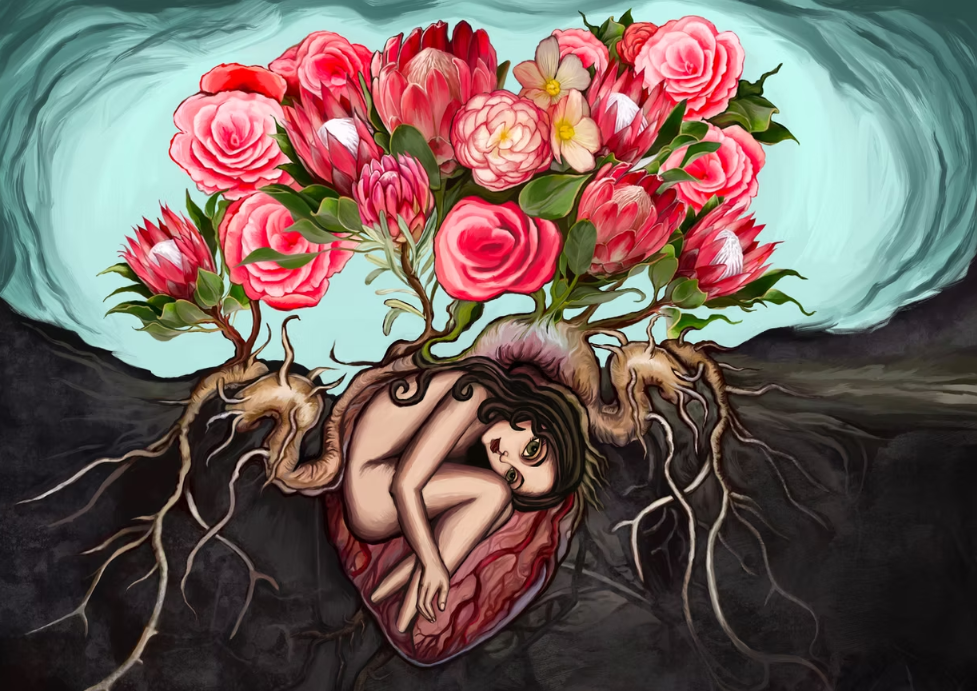A surrealist pop art depiction of a woman curled up inside a seed. She is buried in dirt and surrounded by roots while Proteo and begonia flowers bloom from her back toward the blue sky. This is an original work by artist Janalee Robison.