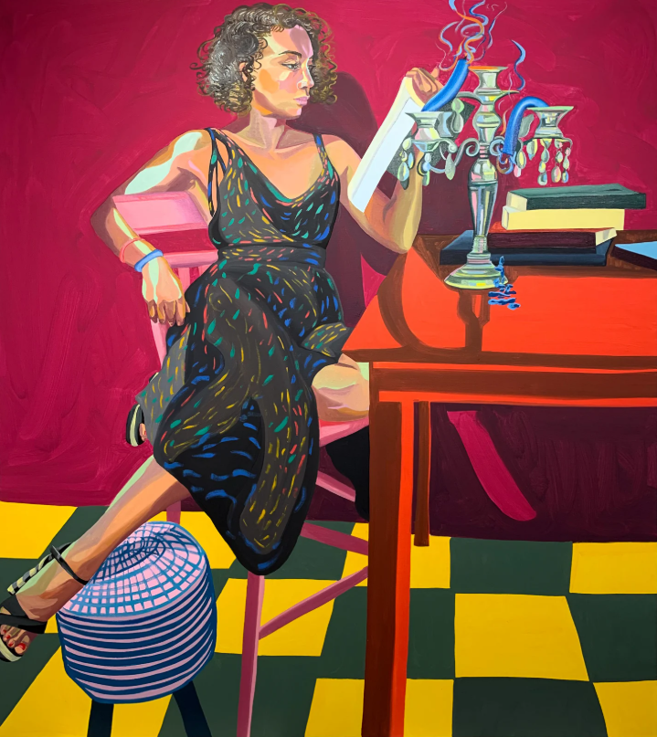 Jenna, Friday Night in Brooklyn is an oil painting by Aliza Nisenbaum. The subject of the painting is a black woman, who sits casually at a table looking at a book she holds in her left hand. Her right arm is draped on the back of her chair. She strikes a casual pose surrounded by bright colors that make up her setting.