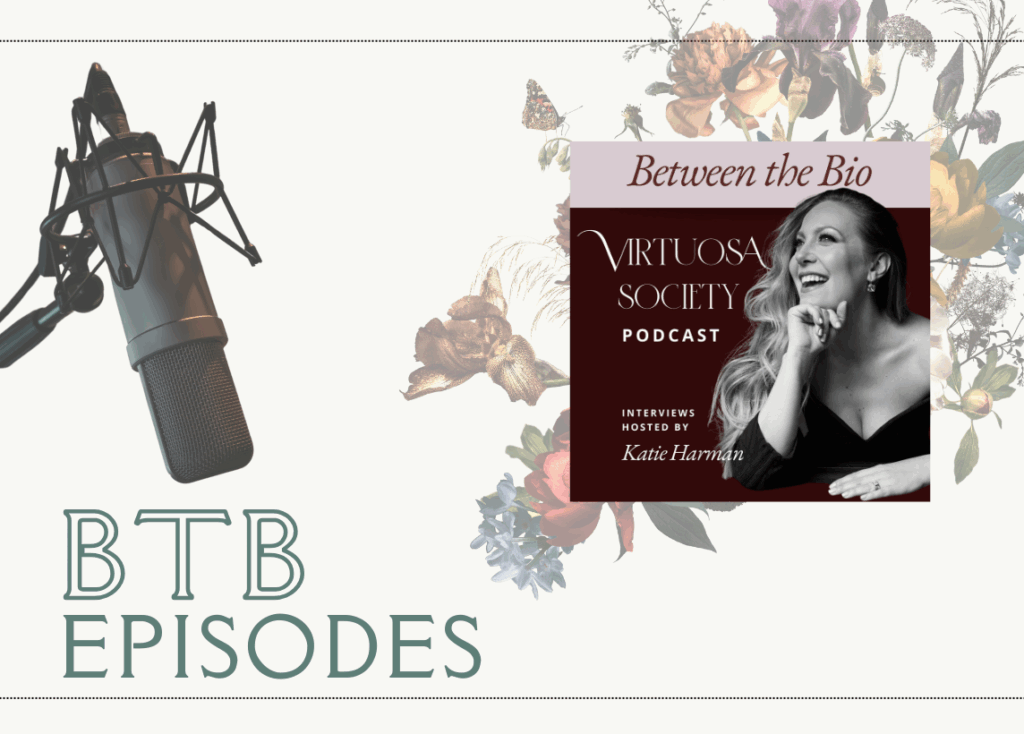 Large text on the bottom left reads, "BtB Episodes". The Between the Bio logo sits on the upper right with a vintage floral design faded behind it. A recording microphone peeks from the left side of the image above the text.
