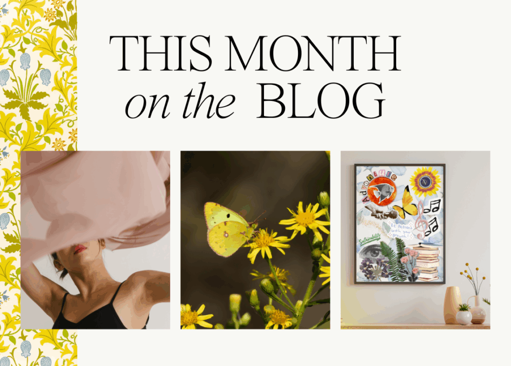 Large text at the top reads, "This month on the blog". A yellow floral wallpaper design adorns the left edge of the image, and main images from each July blog post are lined at the bottom. Go to virtuosasociety.com/blog to catch up on our daily posts!