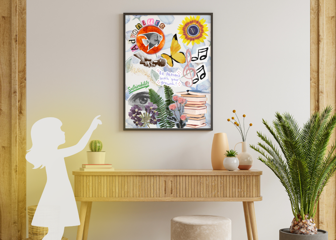 A glowing silhouette of a young girl points up at a vision board hanging on the wall.
