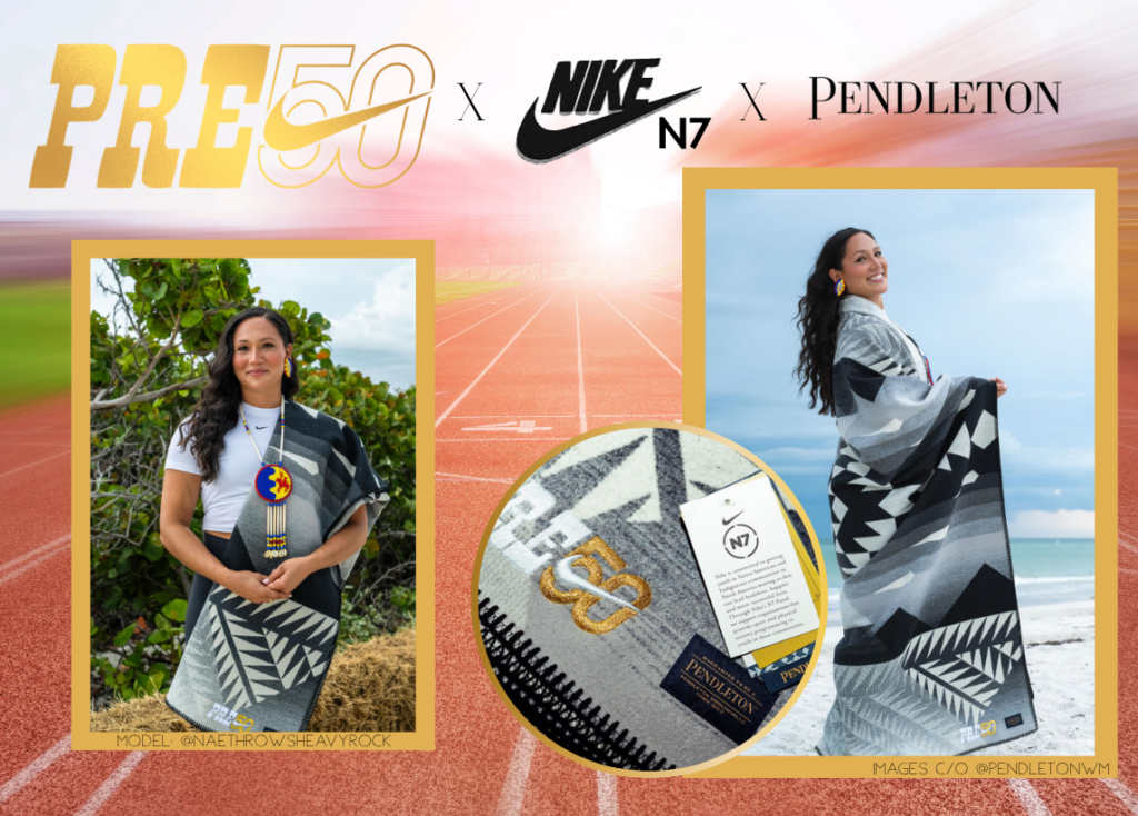 Celebrated athlete Janee' Kassanavoid models the limited edition Pre50 x Nike N7 x Pendleton blanket in various photos. The background is a blurry horizon over an outdoor running track.