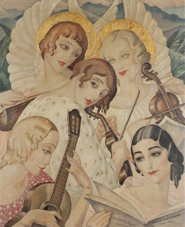 In the artwork, a group of musicians can be observed, each engaged in playing different instruments and participating in a harmonious ensemble. The figures are adorned in elegant attire, featuring delicate details and patterns that exemplify the sophistication of the Art Deco movement. The painting captures a moment of musical reverie, with the musicians seemingly absorbed in their performances. The use of light, color, and form creates a sense of depth and movement, drawing the viewer into the serene and enchanting atmosphere of the scene. (source: artchive.com)