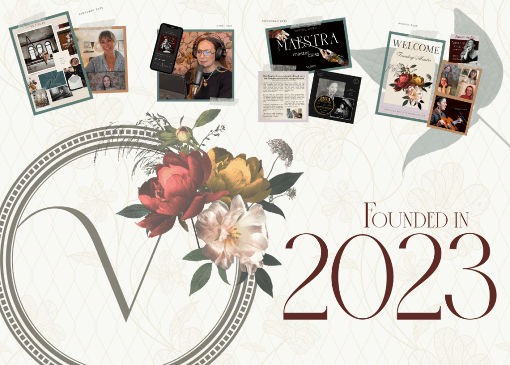 Large text in the bottom right reads "Founded in 2023". Small photos adorn the top of the image, portraying VS milestones such as branding photoshoots, the VS Podcast, inaugural Maestra Masterclass, and website debut. The letter V sits faded in a circular frame in the bottom left, faded yet adorned with vintage florals.