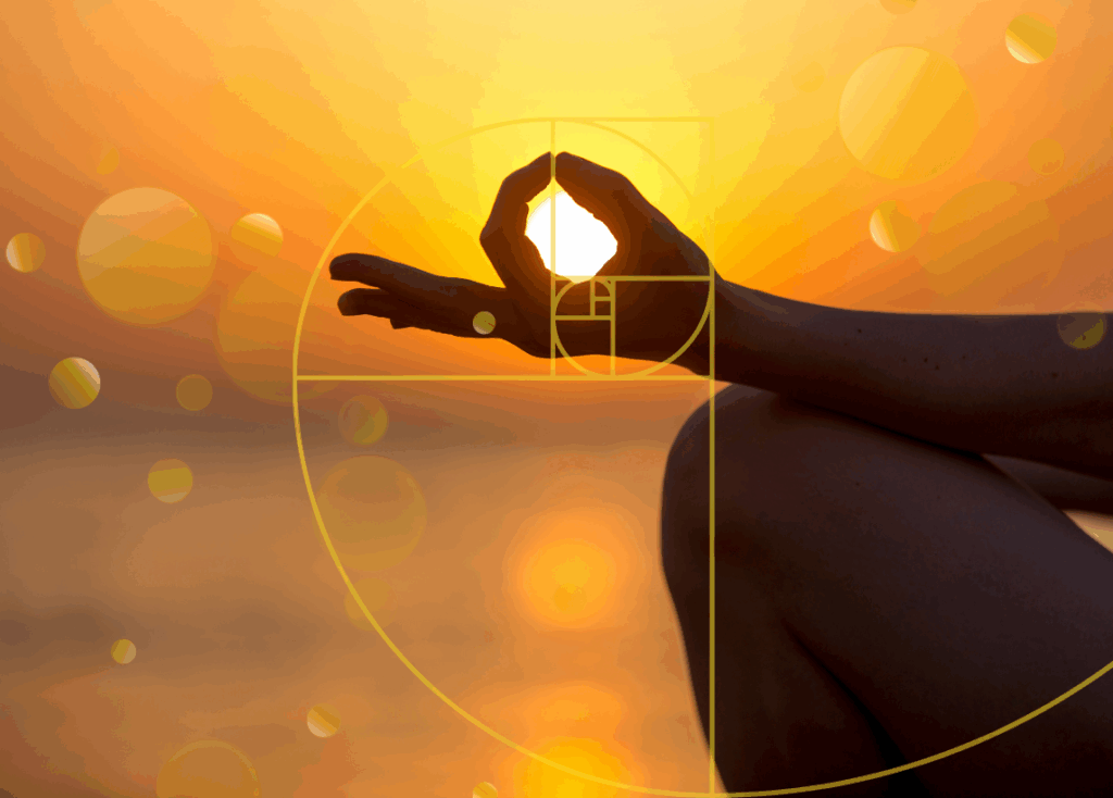 A close-up image of a person's hand in a mudra during seated meditation. The sun sets in the background between their shadowed fingers, and a faded outline of the golden ratio sits over the image.
