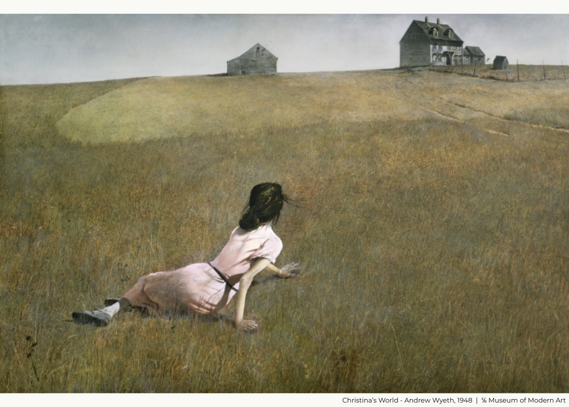 Christina's World by Andrew Wyeth, 1948. This painting depicts a woman half laying down in a field, holding herself up by her arms on the ground to gaze into the distance at a farmhouse and barn in the background. She has dark hair and wears a pink dress.