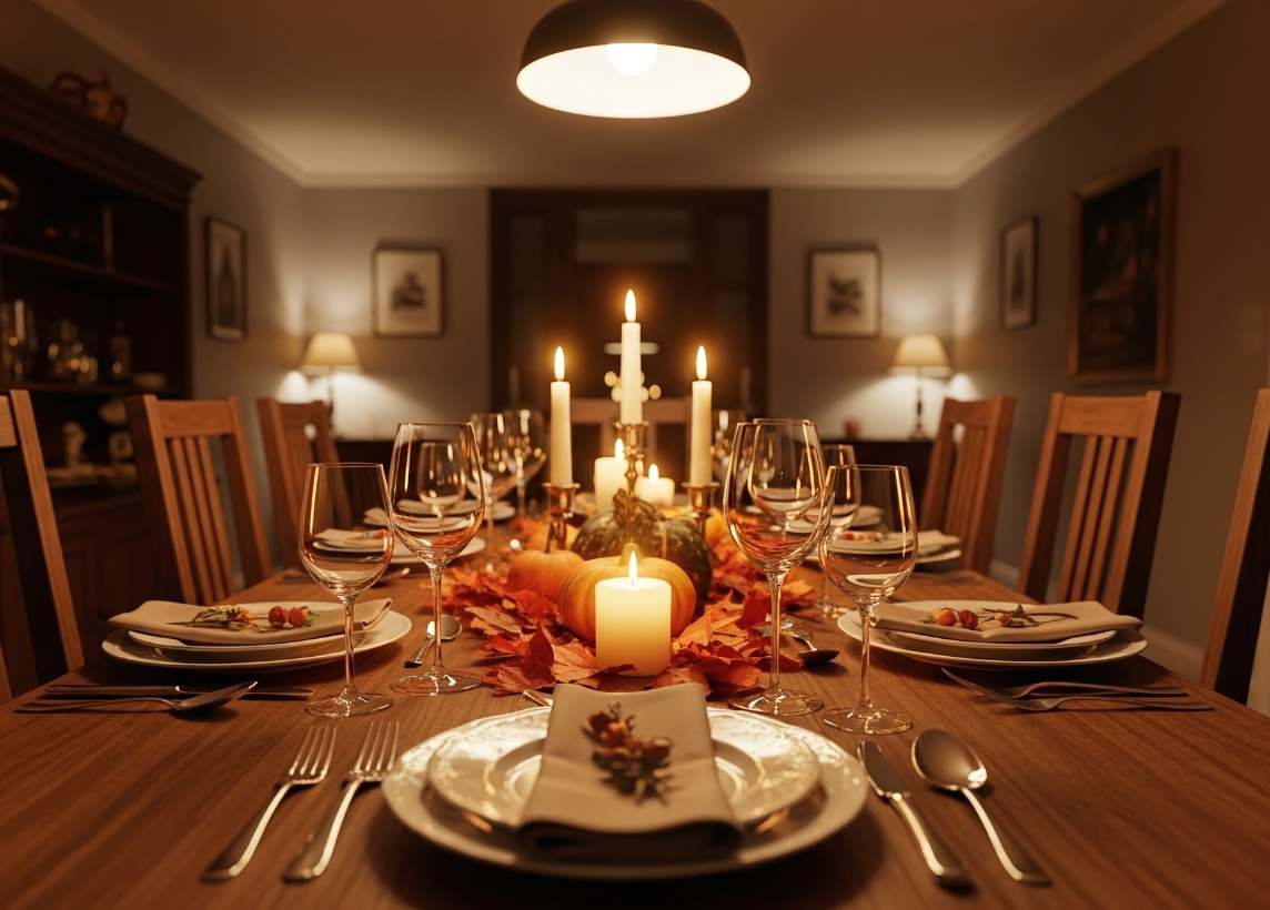 A dining room table set and decorated for a holiday gathering.
