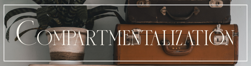 The word "Compartmentalization" sits atop an image of a plant next to two suitcases that are stacked on top of each other.